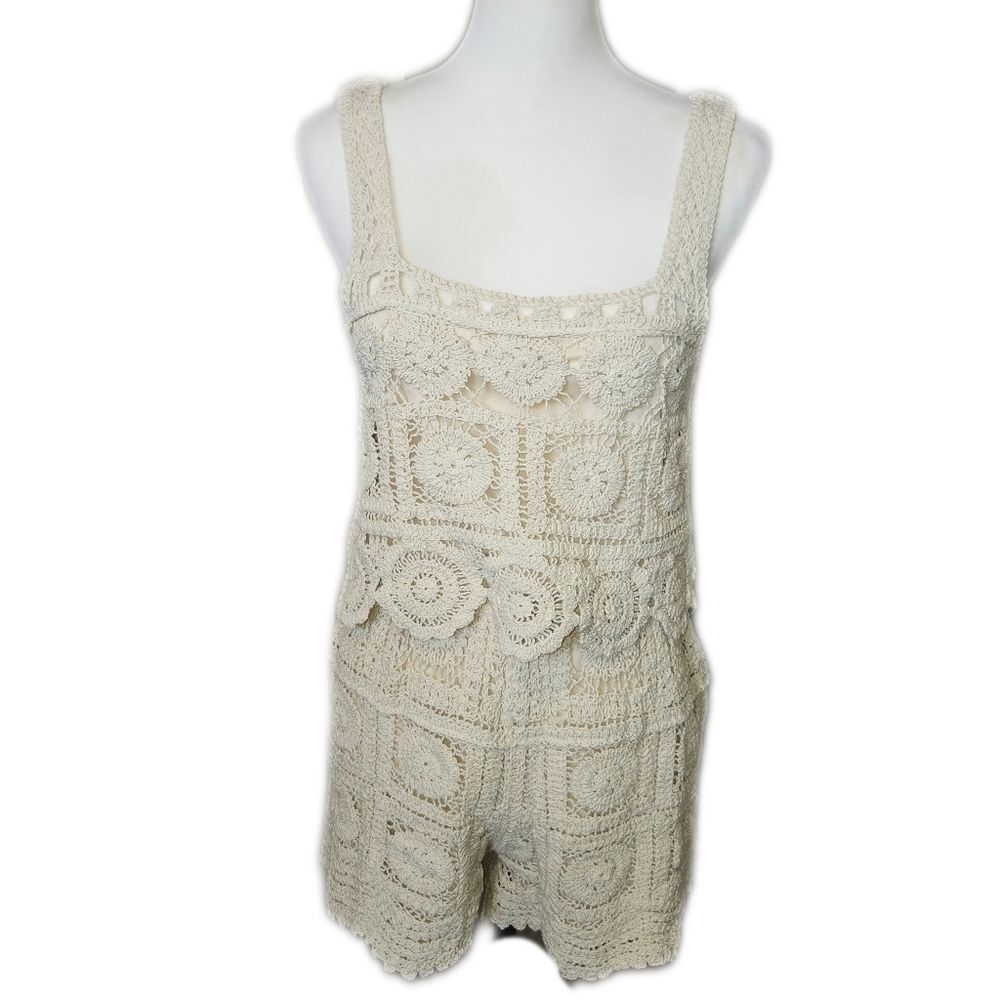 Rebellion Patchwork Crochet 2-pc Shorts & Tank Top, Cream, Lined, XS